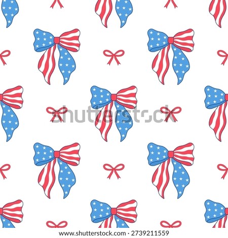 Patriotic seamless pattern with USA flag bows and red ribbons on white background. 4th of July aesthetic for summer textiles.