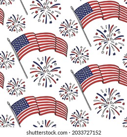 Patriotic seamless pattern with USA flags and firework. Vector illustration