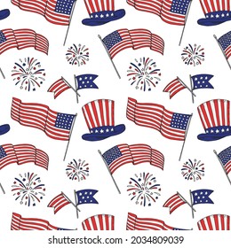 Patriotic seamless pattern with USA flags, firework, Uncle Sam hat. Vector illustration