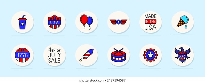 Patriotic set icon. Drink, USA badge, balloons, wings, made in USA, ice cream, 1776, sale, fireworks, drum, badge, eagle, Independence Day, American pride, national celebration.