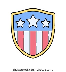 Patriotic Shield, flat design illustration, U.S. flag shield, symbolizing national pride, great for celebrations.