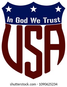 Patriotic shield icon promoting the USA national motto