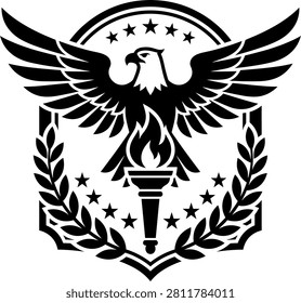 Patriotic shield logo with eagle torch stars, patriotic