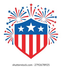 A patriotic shield with red, white, and blue colors, featuring fireworks and stars, symbolizing American independence and celebration