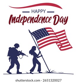 Uma silhueta patriótica ilustrando um soldado e uma mulher levantando a bandeira americana, celebrando o Dia da Independência dos EUA com orgulho.