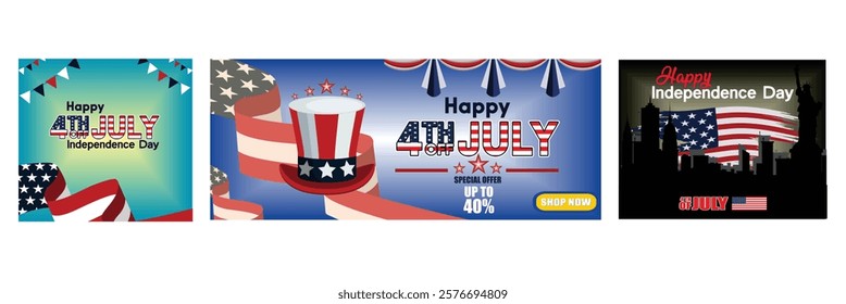 Patriotic Skyline with Statue of Liberty. Happy 4th of July Independence Day Celebration. Uncle Sam's American Hat. Set flat vector modern illustration 