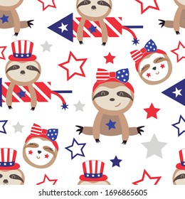 Patriotic sloth bears seamless pattern. Vector ilustration with patriotic elements and sloth bears for 4 th of july.