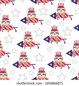 Patriotic sloth bears seamless pattern. Vector ilustration with patriotic elements and sloth bears for 4 th of july.