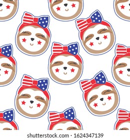 Patriotic sloth seamless pattern. Vector background for print.