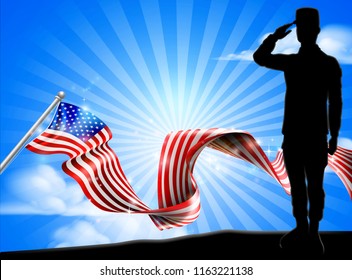 A patriotic soldier saluting in front of an American flag ribbon background