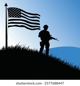 Patriotic Soldier Silhouette with USA Flag on Hill Vector Illustration