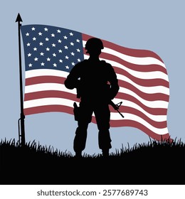 Patriotic Soldier Silhouette with USA Flag on Hill Vector Illustration