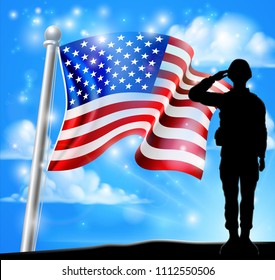 A patriotic soldier standing in front of an American flag background and saluting