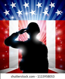 A patriotic soldier standing saluting in front of an American flag background