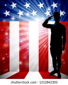 A patriotic soldier standing saluting in front of an American flag background with copy space