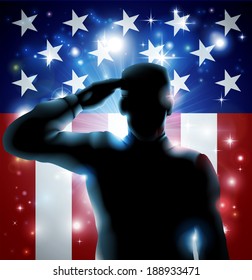 Patriotic Soldier Or Veteran Saluting In Front Of An American Flag Background 