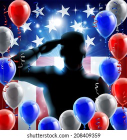 Patriotic soldier or veteran saluting in front of an American flag veterans day background with red white and blue balloons and streamers