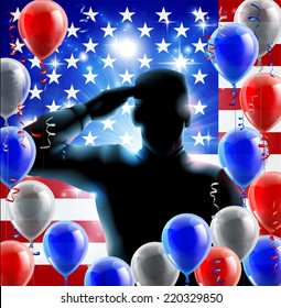 Patriotic soldier or veteran saluting in front of an American flag fourth July or independence day background with red white and blue balloons and ribbons 