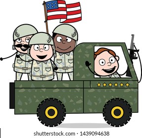 Patriotic Soldiers Going In Truck - Cute Army Man Cartoon Soldier Vector Illustration