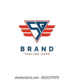 Patriotic SQ Logo Initials. Letter SQ Winged Logo. Red and Blue Triangle SQ with Wing for Aviation, Delivery Services, Sports, Military and Security Agencies