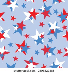 Patriotic Stacked Red White and Blue Stars Scattered on a Sky Blue Background creating a seamless pattern print background