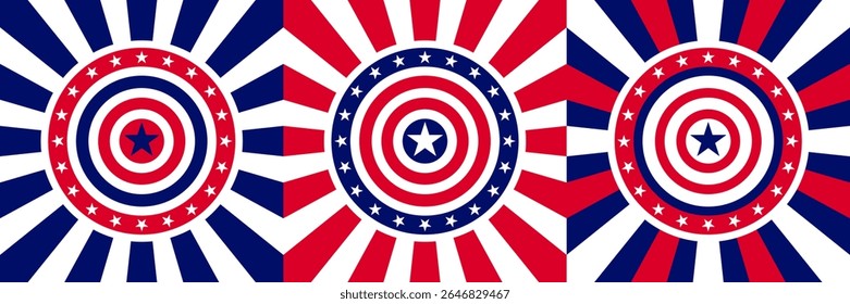 Patriotic star and stripe shield designs with radial and geometric patterns