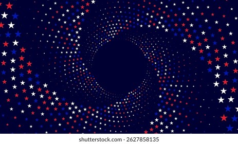A patriotic starburst design featuring red, white, and blue stars arranged in a swirling circular pattern on a dark navy background, creating a dynamic and celebratory American-themed visual.
