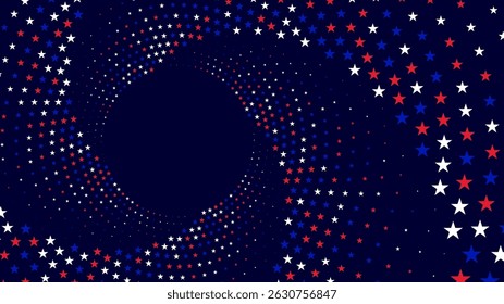 A patriotic starburst design featuring red, white, and blue stars arranged in a swirling circular pattern on a dark navy background, creating a dynamic and celebratory American-themed visual.
