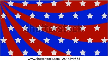 Patriotic starburst pattern with red and blue rays radiating from the center, adorned with scattered white stars.