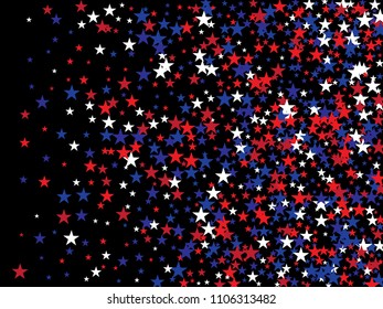 Patriotic Stars 4th of July, Independence Day of America Confetti. Flying Stars Texture, USA Blue, Red, White Confetti Border. US Independence Day, 4th of July, National Symbols Funky Background.