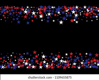 Patriotic Stars 4th of July, Independence Day of America Confetti. Flying Stars Texture, USA Blue, Red, White Confetti Frame. US Independence Day, 4th of July, National Symbols Banner Background.