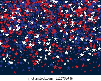 Patriotic Stars 4th of July, Independence Day of America Confetti. Flying Stars Pattern, USA Confetti Border in Blue, Red, White. US Independence Day, 4th of July, National Symbols Advert Background.