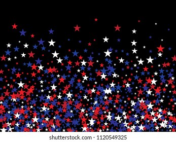 Patriotic Stars 4th of July, Independence Day of America Confetti. Flying Stars Texture, USA Blue, Red, White Confetti Border. US Independence Day, 4th of July, National Symbols Advert Background.