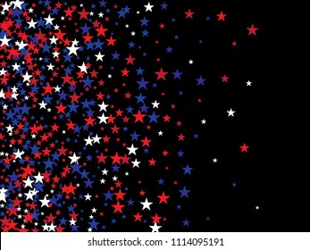 Patriotic Stars Confetti 4th of July, Independence Day of America. Flying Stars Pattern, USA Confetti Border in Blue, Red, White. US Independence Day, 4th of July, National Symbols Banner Background.