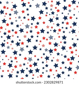 Patriotic stars seamless pattern in red, blue, and white colors. Isolated on white background. American Independence Day vector background.