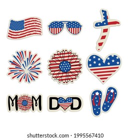 Patriotic Stickers set. Patriotic Sunflower, American Sunglasses, 4th of July Heart, American Flag, Firework, Patriotic Cross, Flip Flops, American Mom, Dad to celebrate 4th of July, Independence Day.