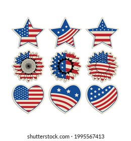 Patriotic Stickers set. Patriotic Sunflowers, American Stars, 4th of July Hearts with american flag texture, decorative vector illustration to celebrate 4th of July, Independence Day.