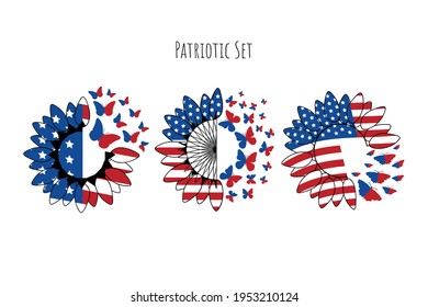 Patriotic sunflower with butterflies. 4th of July celebration set. Independence day symbol. American flag sunflowers for t shirt print, mug, tote bag, party signboard, mask. Vector illustration.