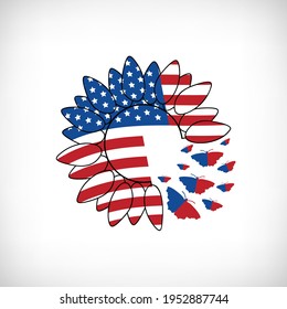 Patriotic sunflower with butterflies. Independence day symbol. 4th of July celebration. American flag sunflower for t shirt print, mug, tote bag, party signboard, mask, label. Vector illustration.