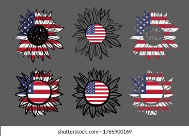 Patriotic sunflower illustration for t-shirt wall art, print. Sunflower bundle