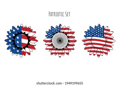 Patriotic sunflower set for t shirt print, party signboard, home decor banner, label. Sunflower american flag design, vector decorative element to celebrate 4th of July, Independence Day.