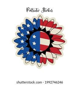 Patriotic Sunflower Sticker. USA flag textured design. Independence Day vector illustration. 4th of July Patriotic Sticker.