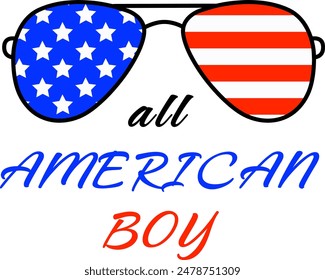 Patriotische Sonnenbrille für einen All American Boy mit Sternen und Streifen Design. 4. Juli Feier Zubehör. In: American Patriot Sunglasses. Rote, weiße und blaue USA-Flagge Grafik.