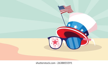 Patriotic sunglasses and hat on beach with American flag for summer celebration vibe