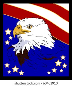 Patriotic symbol of United States of America, bald eagle in profile with stars and stripes