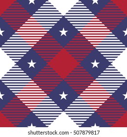 Patriotic Tartan Seamless Patterns. USA flag inspired the background. Trendy illustration for wallpapers.