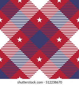 Patriotic Tartan Seamless Patterns. USA flag inspired the background. Trendy illustration for wallpapers.