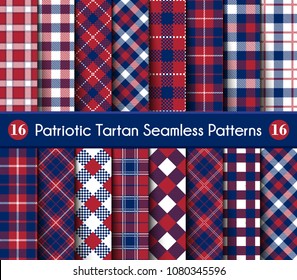 Patriotic Tartan Set of White , Blue, Red Seamless Patterns. Suitable for Elections or 4th of July. Vector Endless Texture Can Be Used for Wallpaper, Background, Pattern Fills, Web Page, Surface.