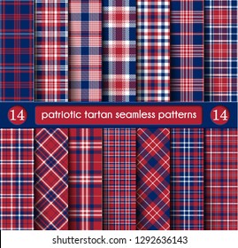 Patriotic Tartan Set of White , Blue, Red Seamless Patterns. Suitable for Elections or 4th of July. Vector Endless Texture Can Be Used for Wallpaper, Background, Pattern Fills, Web Page, Surface.