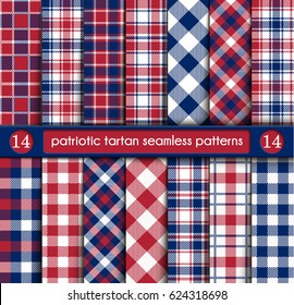 Patriotic Tartan Set of White, Blue, Red Seamless Patterns.Suitable for Elections or 4th of July.Swatches, Vector Endless Texture Can Be Used for Wallpaper, Background, Pattern Fills,Web Page,Surface.